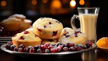 ai gegenereerd vers BES muffin Aan houten tafel, toegeeflijk traktatie gegenereerd door ai foto