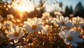 ai gegenereerd zonsondergang weide, levendig madeliefje bloesems in natuur gegenereerd door ai foto