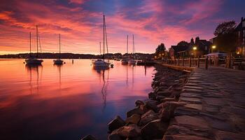 ai gegenereerd zonsondergang over- rustig water, zeilboot glijdt door gegenereerd door ai foto