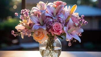 ai gegenereerd romantisch boeket van vers roze bloemen Aan tafel gegenereerd door ai foto