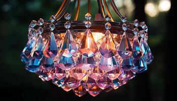 ai gegenereerd glimmend kristal kroonluchter verlicht elegant, levendig viering binnenshuis gegenereerd door ai foto