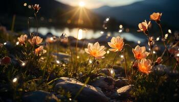 ai gegenereerd zonsondergang weide, wilde bloemen bloesem in natuur schoonheid gegenereerd door ai foto