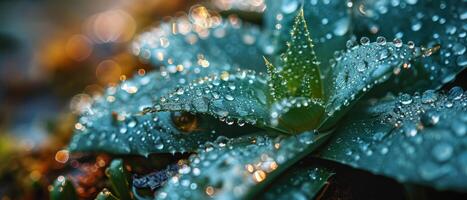 ai gegenereerd een gedetailleerd visie van een aloë fabriek met water druppels glinsterend Aan haar oppervlakte foto