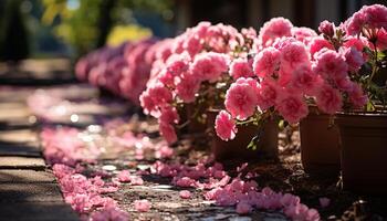 ai gegenereerd levendig roze bloemen bloeien in een weelderig tuin gegenereerd door ai foto