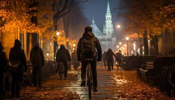 ai gegenereerd silhouetten van fietsers verlichten de stad Bij schemer gegenereerd door ai foto