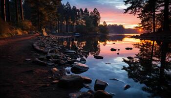 ai gegenereerd rustig tafereel, zonsondergang weerspiegelt Aan rustig wateren gegenereerd door ai foto