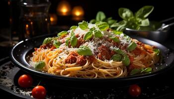 ai gegenereerd vers pasta met tomaat saus en Parmezaanse kaas kaas gegenereerd door ai foto