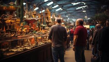 ai gegenereerd mannen werken in een kleinhandel op te slaan verkoop naar klanten gegenereerd door ai foto