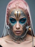 ai gegenereerd portret van mooi cyber punk- jong getatoeëerd vrouw, futuristische mode concept foto