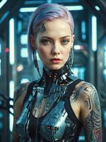 ai gegenereerd portret van mooi cyber punk- jong getatoeëerd vrouw, futuristische mode concept foto