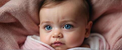 ai gegenereerd schattig weinig nieuw geboren baby meisje in roze portret achtergrond, aanbiddelijk peuter, behang, foto