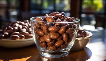 ai gegenereerd versheid van natuur Aan hout tafel, gezond tussendoortje gegenereerd door ai foto