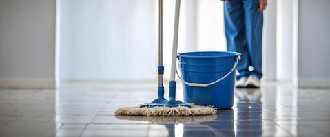 ai gegenereerd schoonmaak dweilen en emmer concept sjabloon, gereedschap banier met kopiëren ruimte Oppervlakte, achtergrond foto