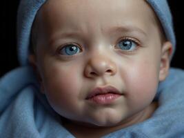 ai gegenereerd schattig weinig nieuw geboren baby jongen blauw ogen portret achtergrond, aanbiddelijk peuter, behang, foto