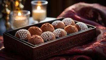 ai gegenereerd toegeeflijk chocola truffel toetje Aan rustiek houten tafel gegenereerd door ai foto
