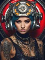 ai gegenereerd portret van mooi cyber punk- jong getatoeëerd vrouw, futuristische mode concept foto