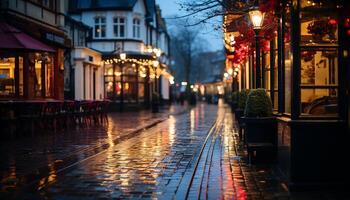 ai gegenereerd verlichte straat licht weerspiegelt Aan nat stad straat gegenereerd door ai foto