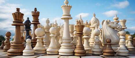 ai gegenereerd schaak koning en pionnen in strategisch vorming foto
