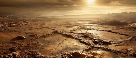 ai gegenereerd de zon schijnend over- een dor landschap foto