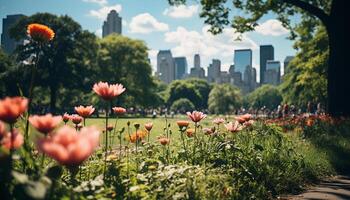 ai gegenereerd levendig tulpen bloesem in natuur kleurrijk weide gegenereerd door ai foto