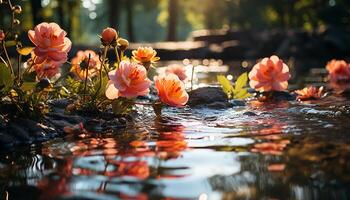 ai gegenereerd levendig geel bloem weerspiegelt in rustig vijver gegenereerd door ai foto