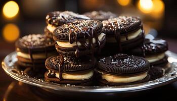 ai gegenereerd stack van eigengemaakt chocola spaander koekjes Aan houten tafel gegenereerd door ai foto