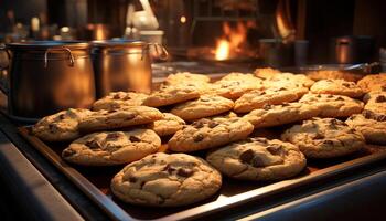 ai gegenereerd eigengemaakt chocola spaander koekjes gebakken in de oven gegenereerd door ai foto