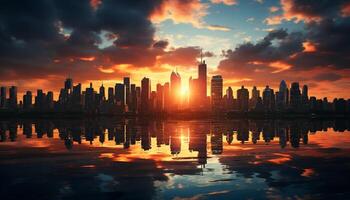 ai gegenereerd stadsgezicht silhouet weerspiegelt zonsondergang Aan modern wolkenkrabbers gegenereerd door ai foto
