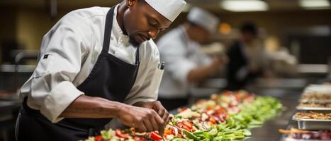 ai gegenereerd chef garnering gerechten in professioneel keuken foto