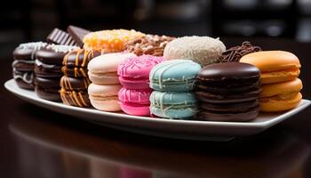 ai gegenereerd stack van kleurrijk macarons Aan een houten tafel gegenereerd door ai foto