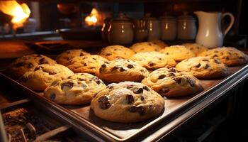 ai gegenereerd vers gebakken chocola spaander koekjes Aan houten tafel gegenereerd door ai foto