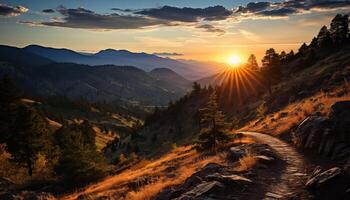 ai gegenereerd majestueus berg piek, rustig zonsondergang, groen Woud gegenereerd door ai foto