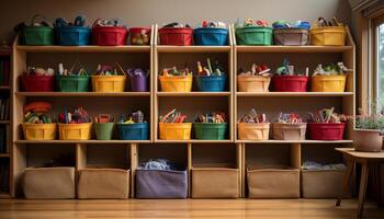 ai gegenereerd houten boekenplank met kleurrijk decoraties in een modern huis gegenereerd door ai foto