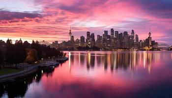 ai gegenereerd stadsgezicht Bij schemering, reflecterend zonsondergang Aan waterkant gegenereerd door ai foto