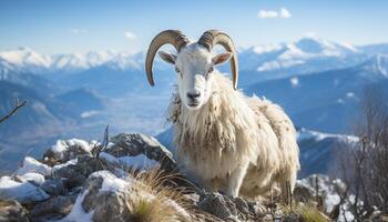 ai gegenereerd een schattig geit begrazing in de besneeuwd weide gegenereerd door ai foto