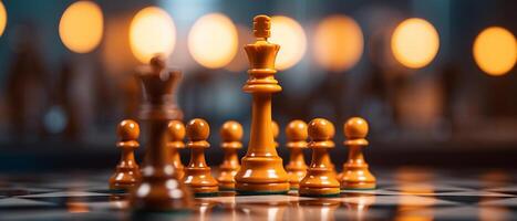 ai gegenereerd koning schaak stuk focus met wazig achtergrond foto