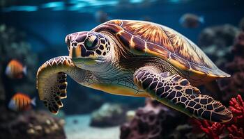 ai gegenereerd onderwater- schildpad zwemmen in de kleurrijk koraal rif gegenereerd door ai foto