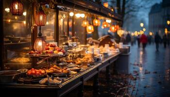 ai gegenereerd viering van traditioneel festival met vers buitenshuis maaltijd gegenereerd door ai foto