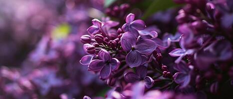 ai gegenereerd detailopname van lila bloesems met delicaat blauw bloemblaadjes en zachte focus achtergrond in teder verlichting foto