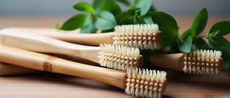 ai gegenereerd milieuvriendelijk bamboe tandenborstels foto