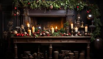 ai gegenereerd Kerstmis decoratie, kaarslicht, winter viering, huis interieur, rustiek, verlichte gegenereerd door ai foto