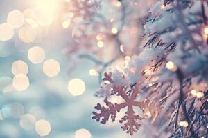 ai gegenereerd dichtbij omhoog van een Kerstmis boom met sneeuw vlokken foto