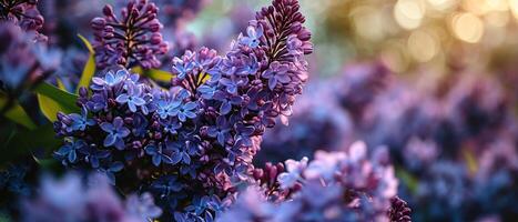 ai gegenereerd detailopname van Purper lila bloemen genieten in de warm gouden uur zonlicht, oproepen tot een sereen lente humeur foto