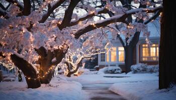 ai gegenereerd winter nacht sneeuw gedekt boom verlichte door lantaarn gegenereerd door ai foto