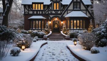 ai gegenereerd winter nacht verlichte Kerstmis boom in besneeuwd Woud gegenereerd door ai foto