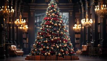 ai gegenereerd Kerstmis boom decoratie gloeiend in de donker nacht gegenereerd door ai foto