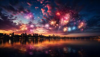 ai gegenereerd levendig stad horizon verlichte door kleurrijk vuurwerk gegenereerd door ai foto