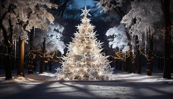 ai gegenereerd winter viering verlichte met Kerstmis lichten in natuur gegenereerd door ai foto