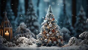 ai gegenereerd winter nacht, sneeuwen, verlichte Kerstmis boom, gloeiend sneeuwvlok gegenereerd door ai foto