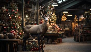 ai gegenereerd schattig hert siert Kerstmis boom binnenshuis Bij nacht gegenereerd door ai foto